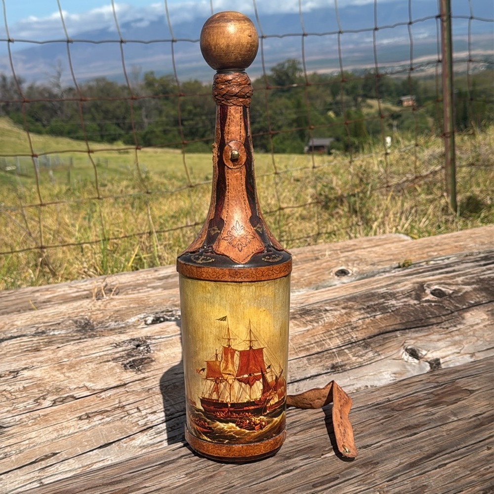 Vintage Italian Old World Ship Leather Wrapped Bar tall Decanter